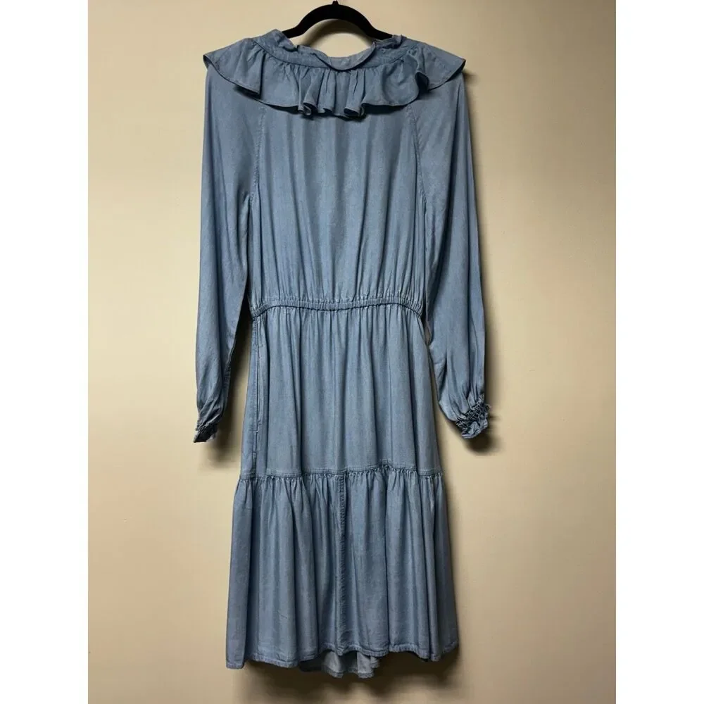 NWOT - Lauren Ralph Lauren Chambray Ruffle Keyhole Tie Front Midi Dress, Sz 2